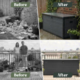 Olsen & Smith 570L Large Garden Storage Box – Weather Resistant Outdoor Storage Chest with Padlock, Wood Effect Plastic Cushion Storage Box, Heavy Duty Patio Storage (Grey)