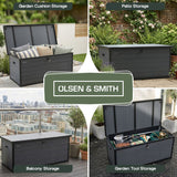 Olsen & Smith 570L Large Garden Storage Box – Weather Resistant Outdoor Storage Chest with Padlock, Wood Effect Plastic Cushion Storage Box, Heavy Duty Patio Storage (Grey)