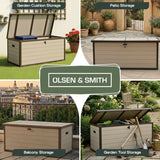 Olsen & Smith 570L Large Garden Storage Box – Weather Resistant Outdoor Storage Chest with Padlock, Wood Effect Plastic Cushion Storage Box, Heavy Duty Patio Storage (Beige)