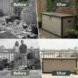 Olsen & Smith 570L Large Garden Storage Box – Weather Resistant Outdoor Storage Chest with Padlock, Wood Effect Plastic Cushion Storage Box, Heavy Duty Patio Storage (Beige)