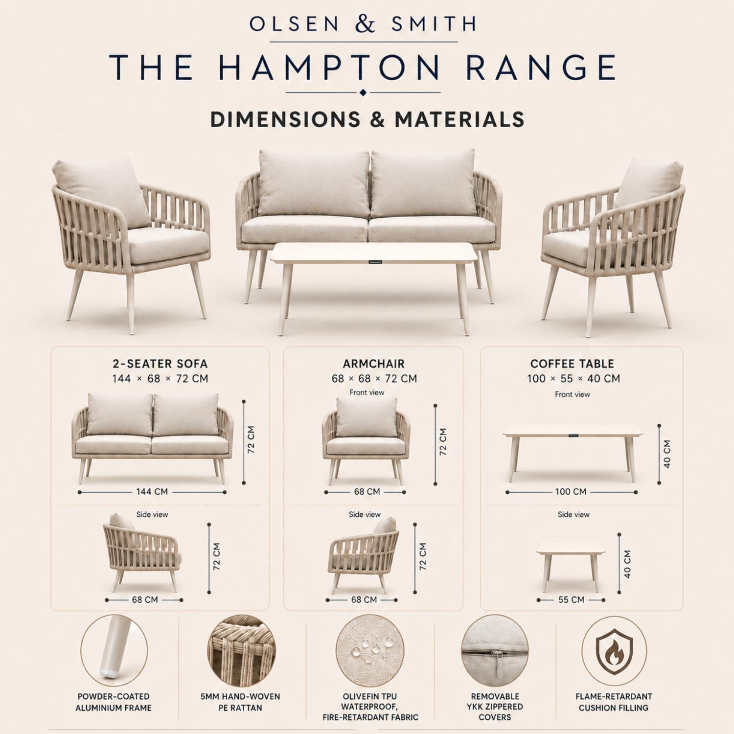 Olsen & Smith Hampton Range furniture set with dimensions and materials on a white background