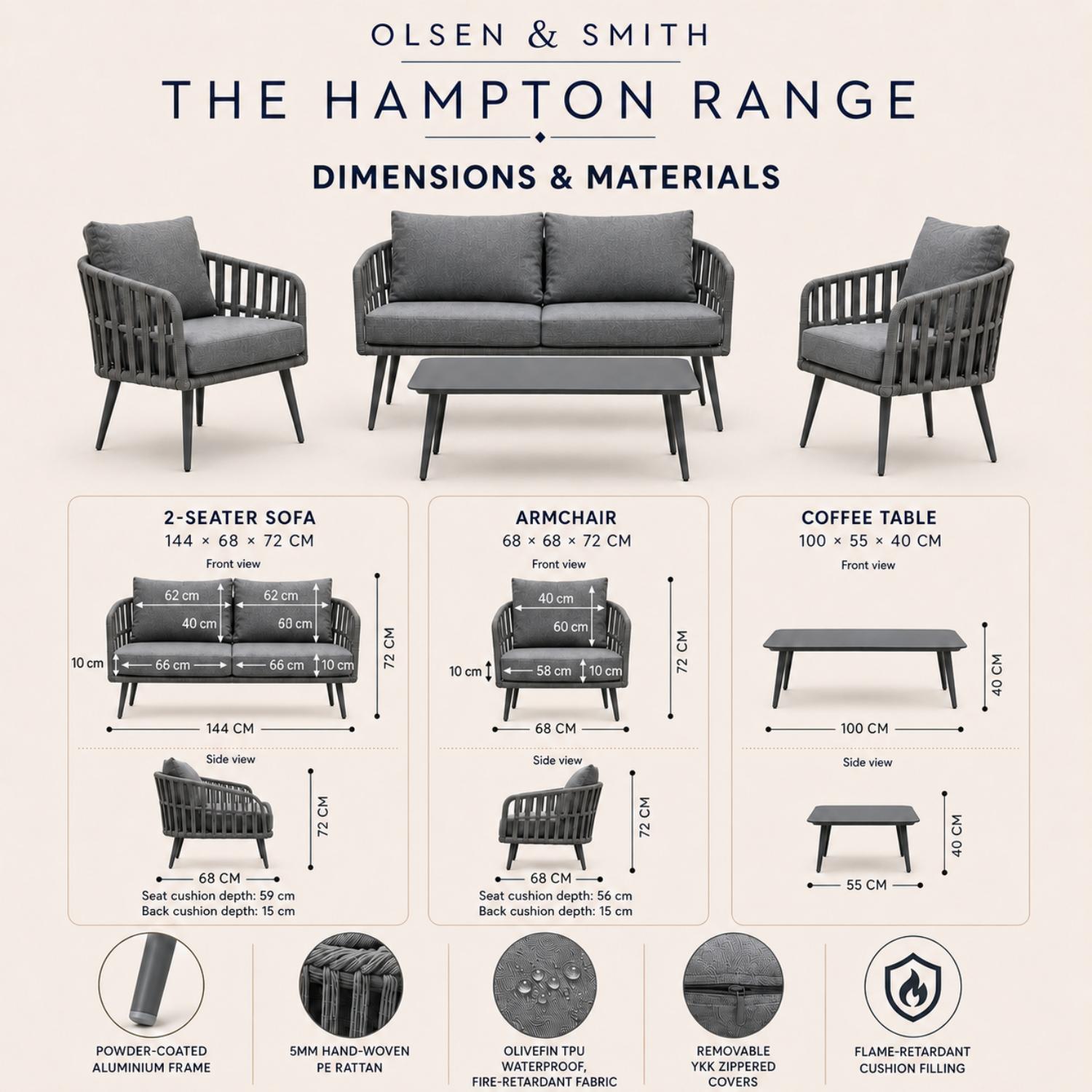 Olsen & Smith Hampton Range outdoor furniture set with dimensions and materials on a light background