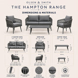 Olsen & Smith Hampton Range outdoor furniture set with dimensions and materials on a light background