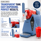 Blue slushie machine with transparent tank and red slushie, featuring Olsen & Smith branding.
