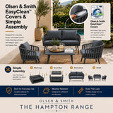 Outdoor furniture set with Olsen & Smith EasyClean covers and assembly instructions.