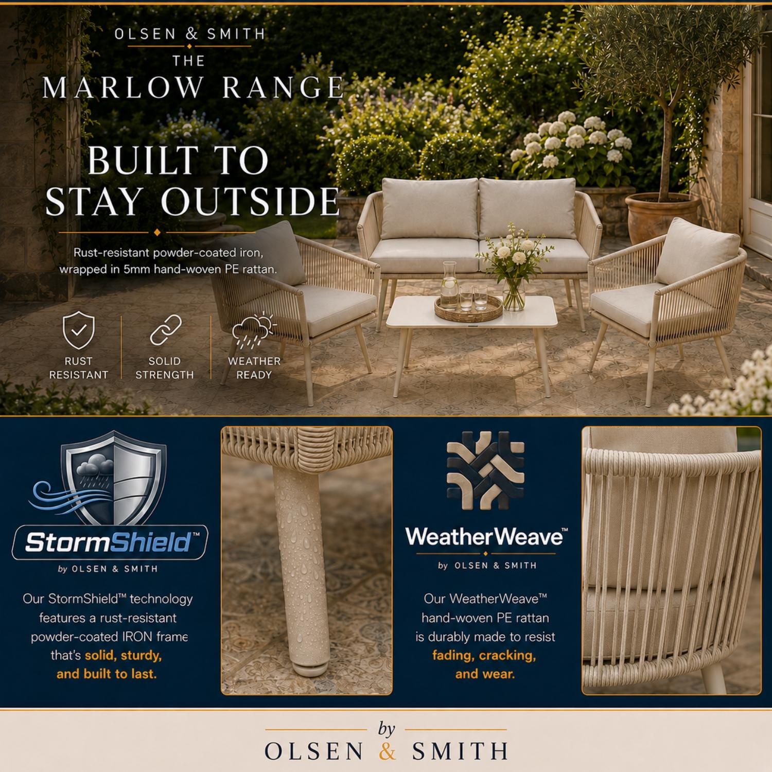 Outdoor furniture set with 'Olsen & Smith' branding, featuring Marlow Range products.