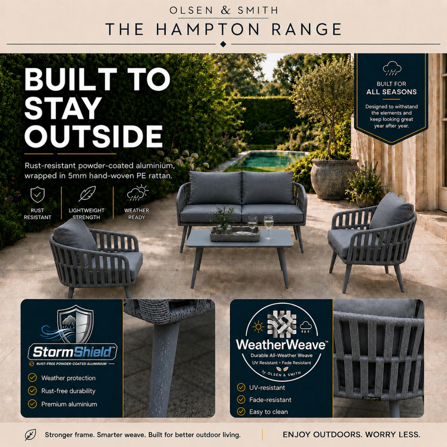 Outdoor furniture set with chairs and table on a patio, featuring 'The Hampton Range' by Olsen & Smith.