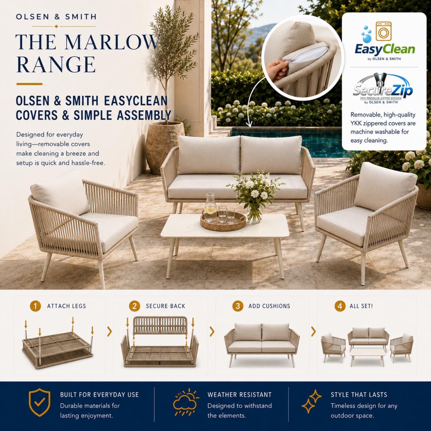 Outdoor furniture set with cushions on a patio, featuring Olsen & Smith EasyClean covers.