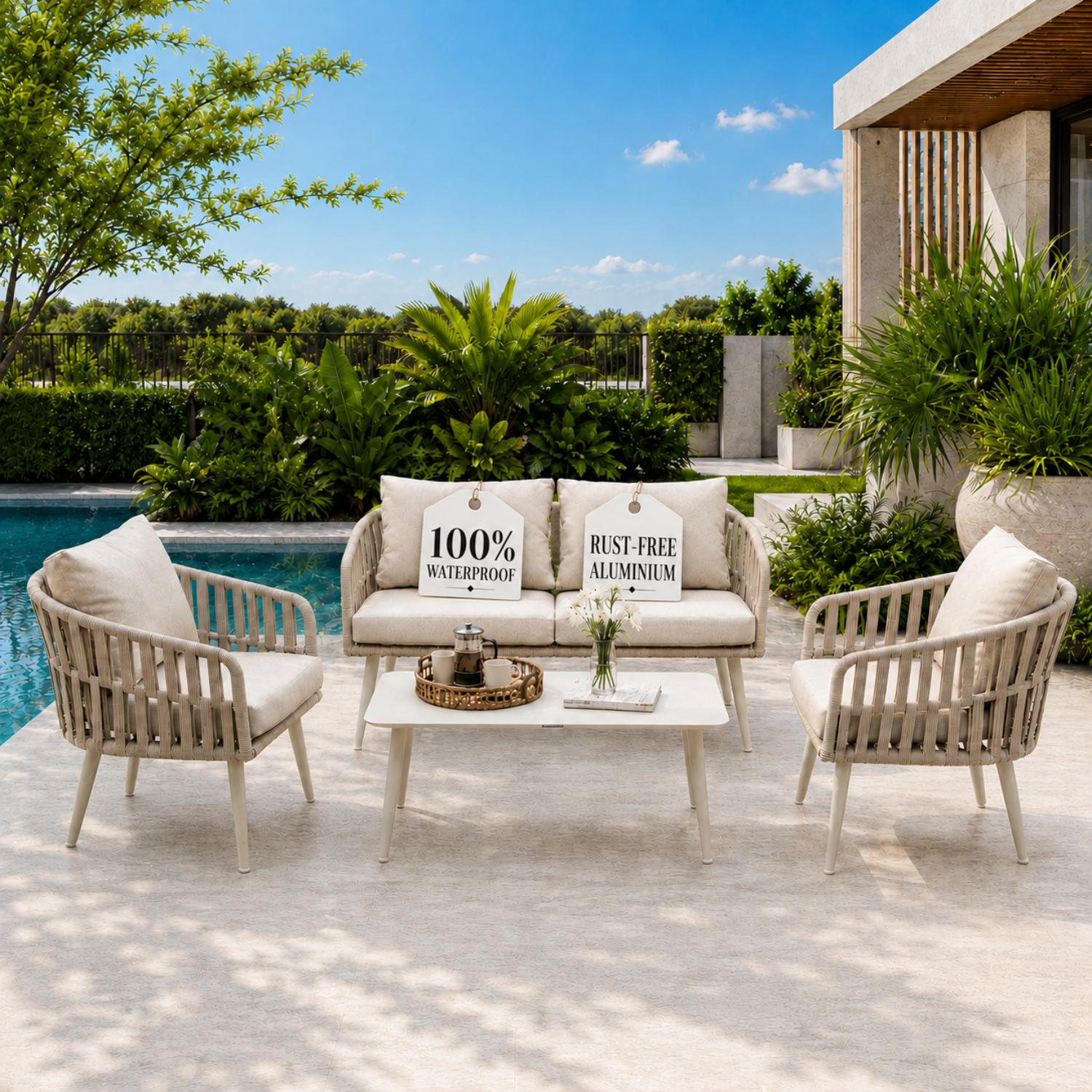 Outdoor patio set with chairs and a table by a pool