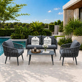Olsen & Smith Hampton 4 Seater Aluminium Garden Furniture Set Slate Grey – 5 Piece Outdoor Rattan Sofa Set with 2 Seater Sofa, 2 Armchairs & Coffee Table, Waterproof Cushions, Aluminium Frame