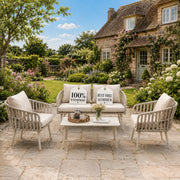 Olsen & Smith Hampton 4 Seater Garden Furniture Set – 5 Piece Outdoor Rattan Sofa Set with 2 Seater Sofa, 2 Armchairs & Coffee Table, Waterproof Cushions, Aluminium Frame (Sandstone/Cream)