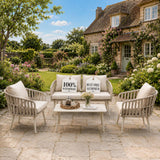 Outdoor patio set with cushions in a garden setting