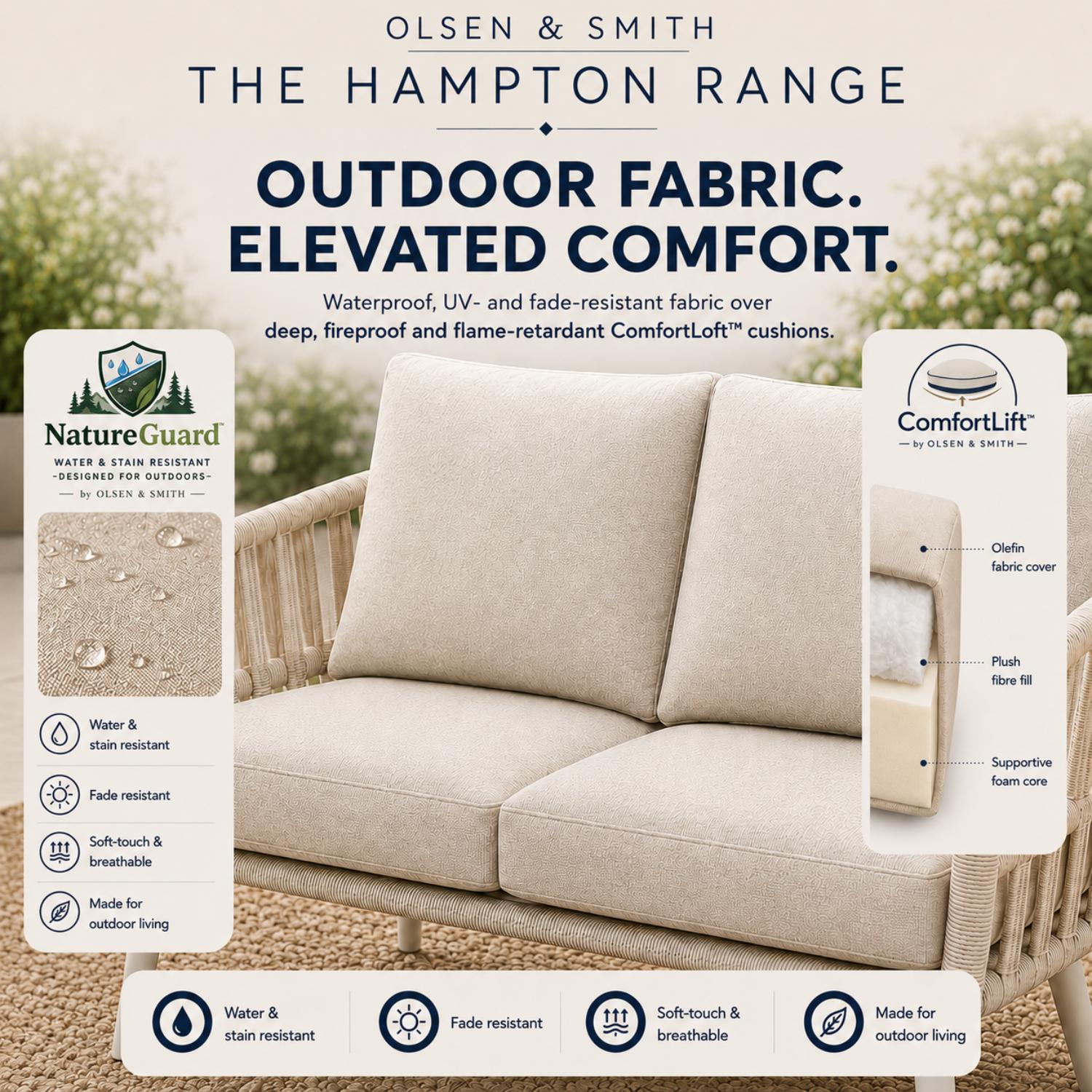 Outdoor sofa with 'Olsen & Smith' branding and features highlighted.