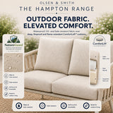 Outdoor sofa with 'Olsen & Smith' branding and features highlighted.