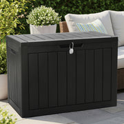 Olsen & Smith 170L Outdoor Garden Storage Box – Lockable Plastic Container Chest with Wood-Effect Panels, Weather-Resistant Patio Storage for Tools, Toys & Cushions – Black