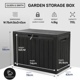 Olsen & Smith 170L Outdoor Garden Storage Box – Lockable Plastic Container Chest with Wood-Effect Panels, Weather-Resistant Patio Storage for Tools, Toys & Cushions – Black