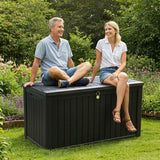 Olsen & Smith 680L Large Outdoor Garden Storage Box – Weather-Resistant Heavy-Duty Plastic Storage Chest with Padlock, Wood-Effect Finish & Gas Lift Lid for Cushions, Tools & Toys (Anthracite Black)