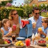 Family enjoying ice cream and drinks at a outdoor gathering with a blue ice cream maker.