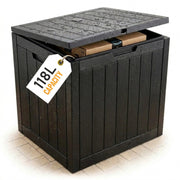 Olsen & Smith 118L Outdoor Garden Storage Box – Lockable Weatherproof Plastic Storage Chest with Wood Effect Finish for Tools, Cushions, Toys & Balcony Storage