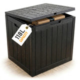 Olsen & Smith 118L Outdoor Garden Storage Box – Lockable Weatherproof Plastic Storage Chest with Wood Effect Finish for Tools, Cushions, Toys & Balcony Storage