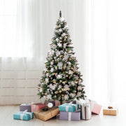 Olsen & Smith 6ft Snowy Pre Lit Christmas Tree – Artificial Indoor Xmas Tree with 300 Warm White LED Lights, Snowflake Ornaments, Frosted Branch Tips & Metal Stand – 750 Branch Tips