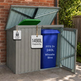 Olsen & Smith 1490L Metal Wheelie Bin Storage Shed for 2 x 240L Bins – 3x5ft Galvanised Steel Bin Store with Gas-Assisted Lid, Double Doors, Lock & Keys, Weatherproof Garden Storage (Silver)