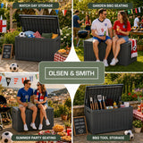 Olsen & Smith 570L Large Garden Storage Box – Weather Resistant Outdoor Storage Chest, 100% Recycled Plastic Cushion Storage Box with Padlock & Wood Effect, Heavy Duty Patio Storage (Grey)