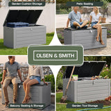 Olsen & Smith 680L Extra Large Waterproof Garden Storage Box, Outdoor Cushion & Furniture Storage, Heavy Duty Weatherproof Plastic Chest, Sit-On Lid, Anthracite Grey