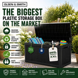 Olsen & Smith 980L XXL Garden Storage Box – Extra Large Outdoor Storage Chest, 100% Recycled Plastic, Weather Resistant Heavy Duty Cushion Storage Box with Padlock & Wood Effect