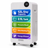 Olsen & Smith 12L/Day Quiet Dehumidifier with Laundry Mode – Compressor Dehumidifier for Damp, Mould & Drying Clothes, 2.1L Tank, Drain Hose, White