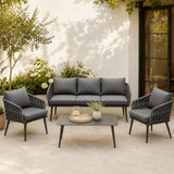 Olsen & Smith Hampton Garden Sofa Set – 5 Seat Outdoor Rattan Furniture Set with 3 Seater Sofa, Armchair & Coffee Table, Waterproof Cushions, Rust-Resistant Aluminium Frame (Slate/Grey)