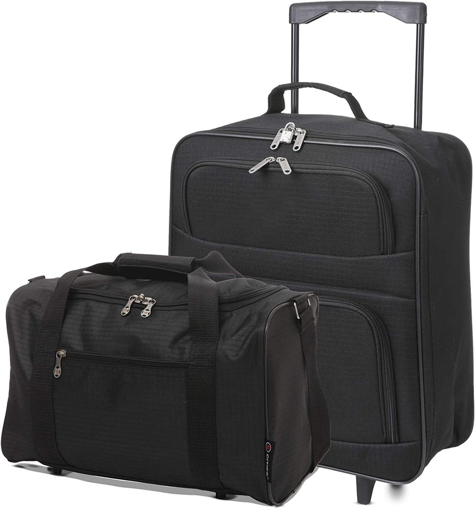 5 Cities Folding Hand Luggage Bag + 40x20x25 Ryanair Max Size Cabin Holdall(Black + Black) - Packed Direct UK