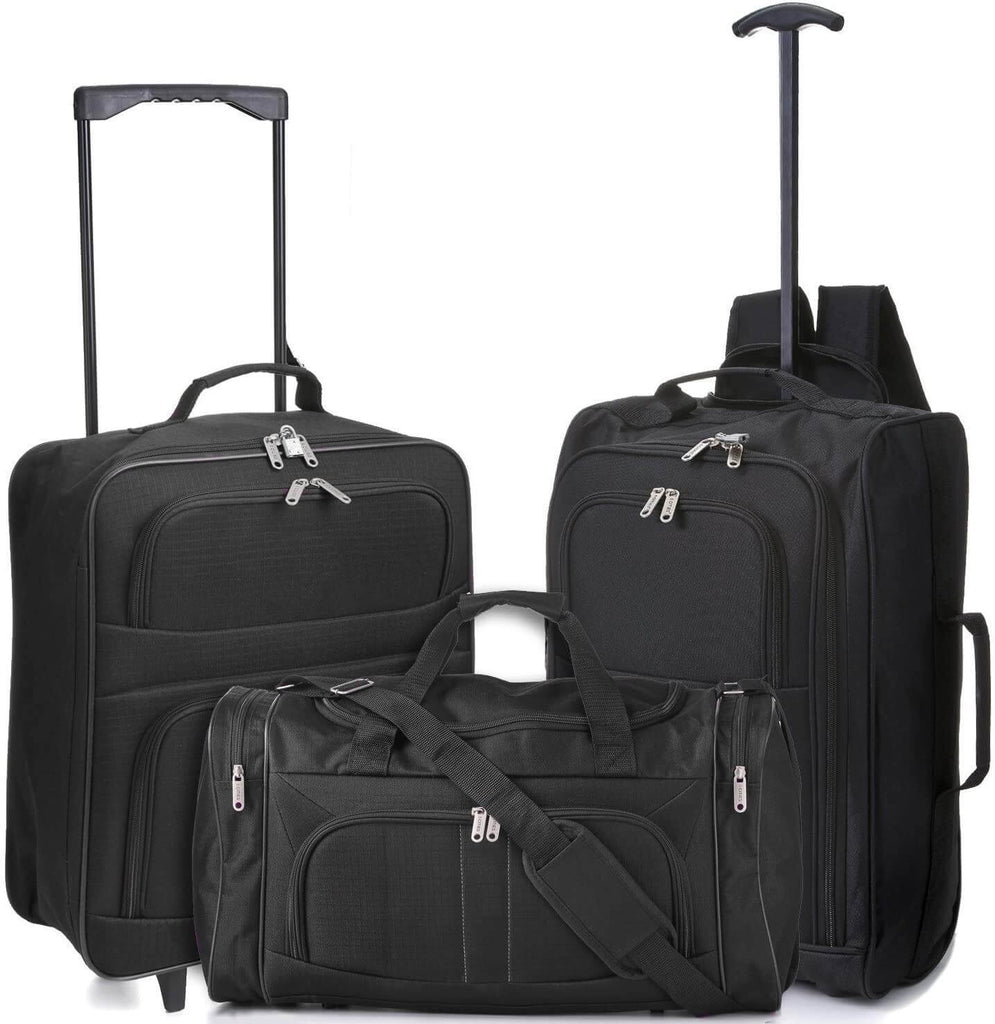 5 Cities Hand Luggage Cabin Bundle Sets, Trolley Bags, Holdall Duffle Bag and Travel Trolley Backpack 2 & 3 Piece Sets for Easyjet/Ryanair! BP Trolley/Fold/Holdall Black - Packed Direct UK