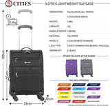 5 Cities Lightweight 55x35x20cm 4 Wheel Spinner Carry On Travel Trolley Hand Cabin Luggage Suitcase, Black - Packed Direct UK