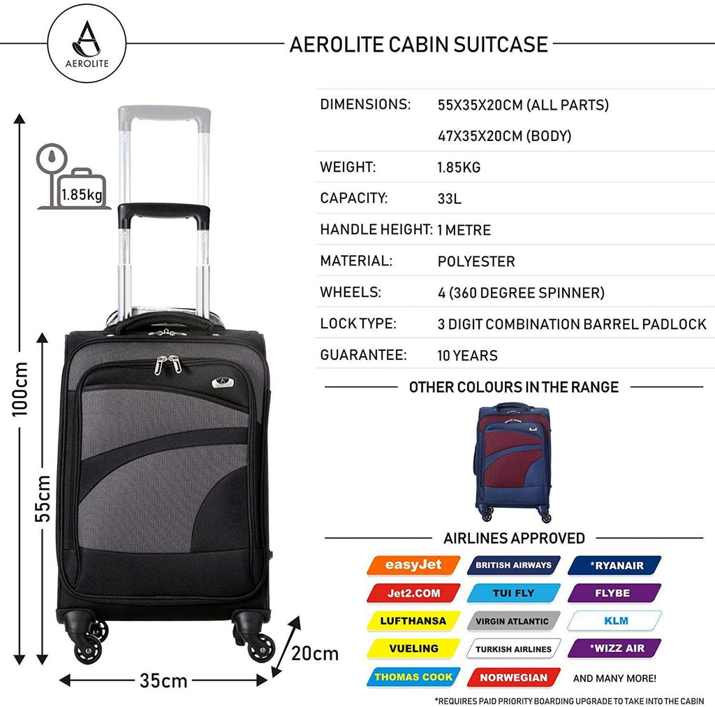 Aerolite 21" 55cm Super Lightweight 4 Wheel Spinner Carry On Cabin Hand Luggage Suitcase Travel Trolley Flight Bag Case (21" Set of 2, Black + Navy) - Packed Direct UK