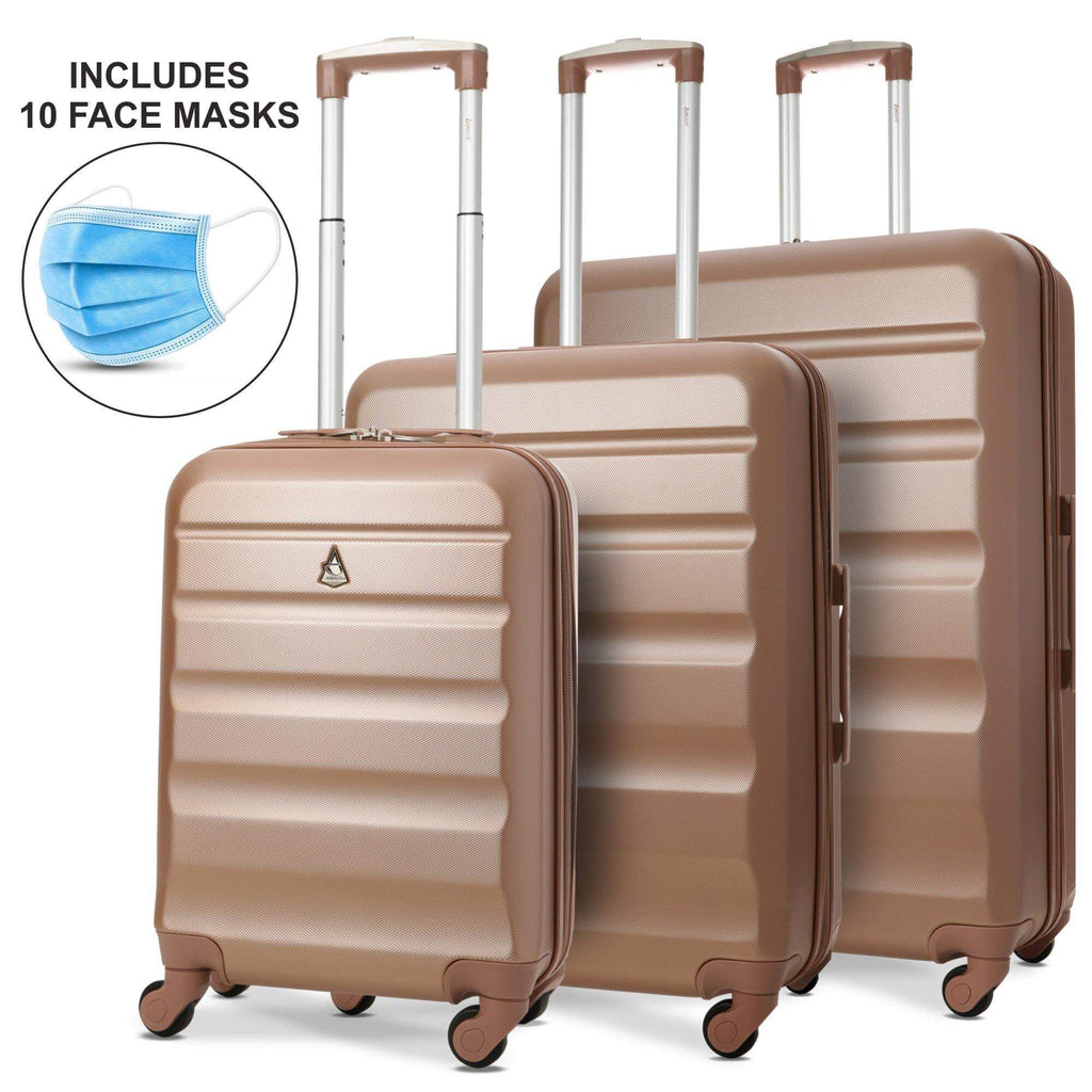 Aerolite 3 Piece Hard Shell Suitcase Luggage Set (Cabin + Medium + Large) Charcoal + 10x Face Mask Travel Bundle - Packed Direct UK