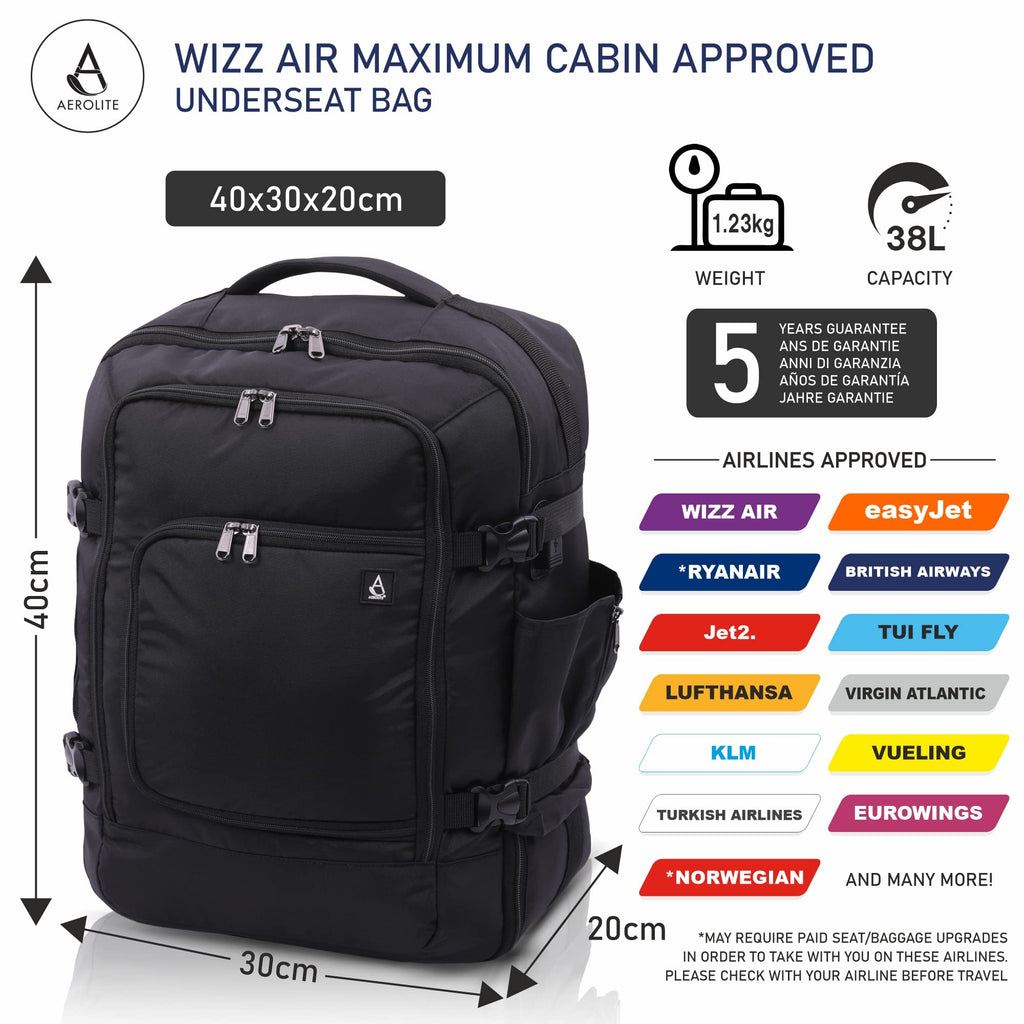 Carry-On Cabin Bag Backpack 40x30x20 Aircraft Hand Luggage Black WIZZAIR  Airline