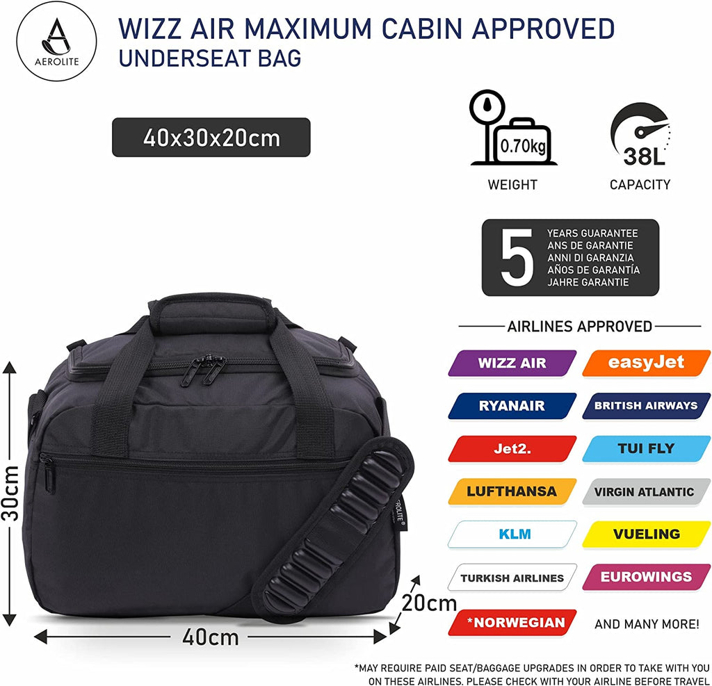 Aerolite 40x30x20 Wizz Air Maximum Size Cabin Bags with 5 Year Guarantee Foldable Carry On Premium Bag Holdall Small Lightweight Cabin Luggage Under seat Flight Travel Duffel Bag - Packed Direct UK