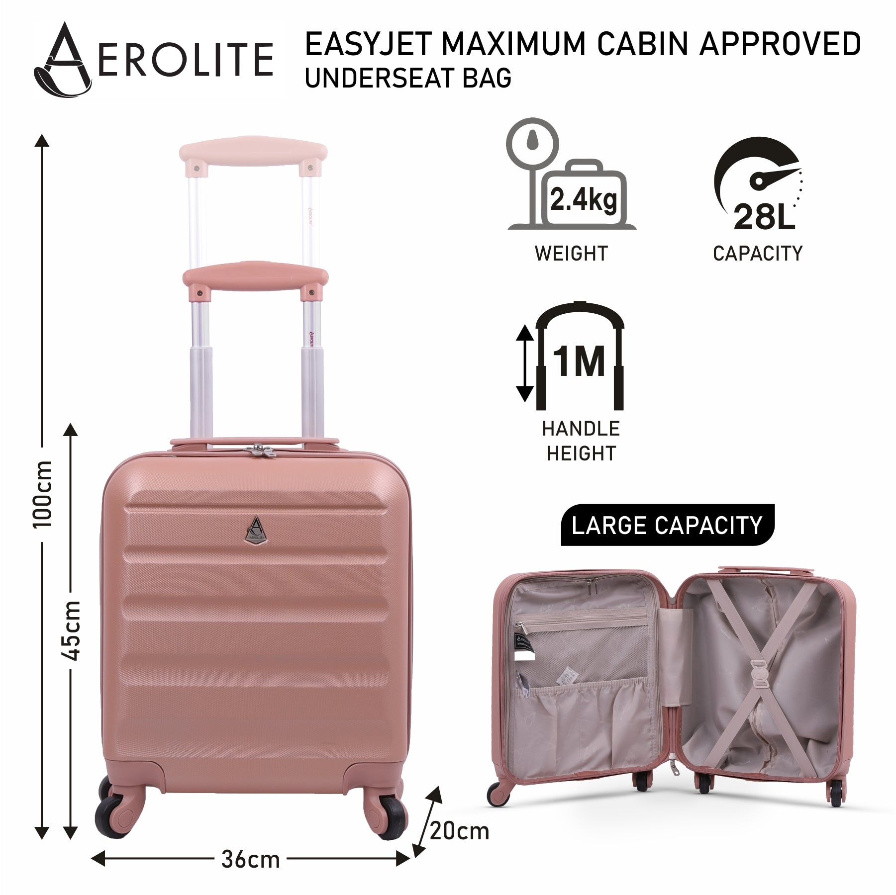 Aerolite (45x36x20cm) easyJet Maximum Size Hard Shell Carry On Hand Cabin  Luggage Underseat Flight Bag Suitcase 45x36x20 with 4 Wheels