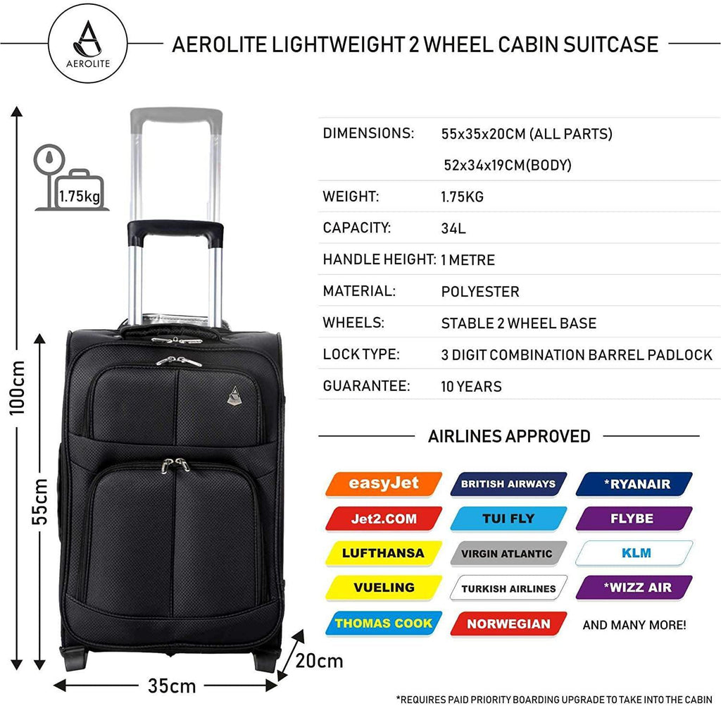 Aerolite 55x35x20 Super Lightweight 2 Wheel 34L Upright Carry On Hand Cabin Luggage Suitcase - Approved for Ryanair, easyJet, British Airways, Virgin Atlantic, Flybe and Many More (Black) - Packed Direct UK