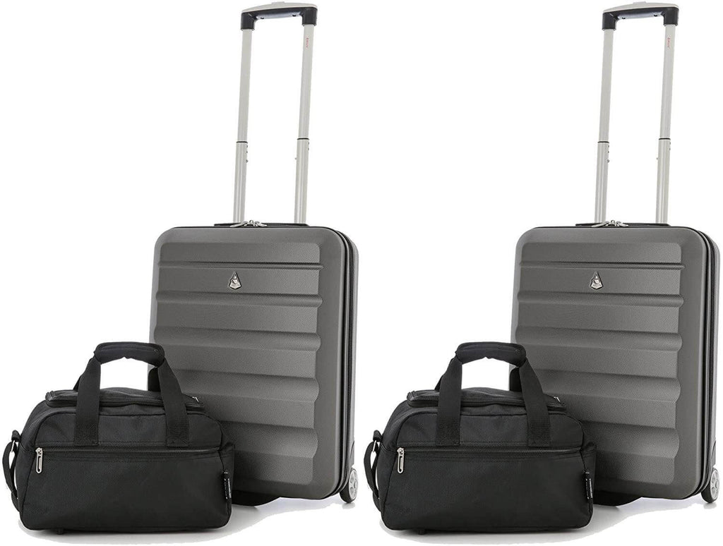 Aerolite 55x40x20 Ryanair Maximum Allowance 40L Hard Shell On Hand Cabin Luggage Travel Suitcase with 2 Wheels - Also Approved for easyJet,Jet2 and More (2 x Cabin Charcoal + 2 x 2nd Bag Black) - Packed Direct UK