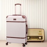 Aerolite Large Ultra Quiet 8 Wheel Stylish Classic Retro Vintage Style ABS Hard Shell Checked Check in Hold Luggage Suitcase with 4 Dual Hinomoto Wheels & TSA Lock, Cream - Packed Direct UK