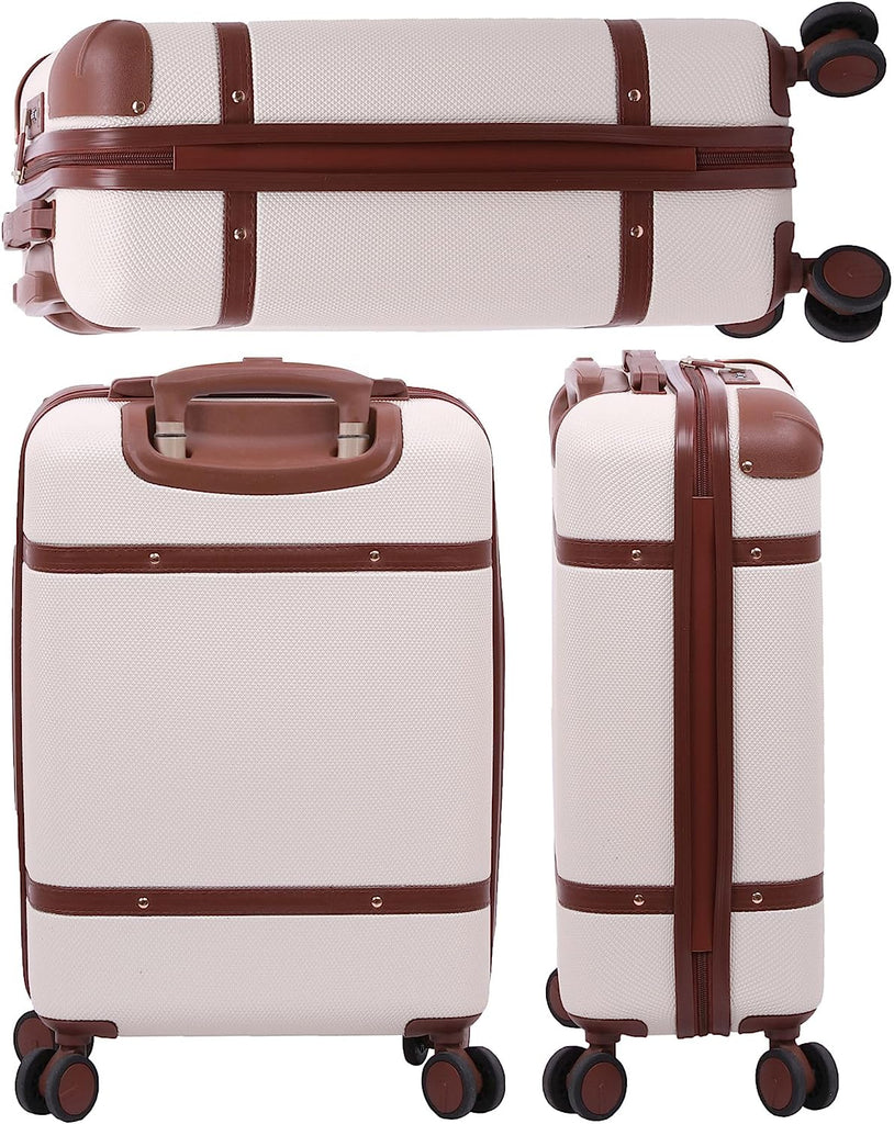 Aerolite Large Ultra Quiet 8 Wheel Stylish Classic Retro Vintage Style ABS Hard Shell Checked Check in Hold Luggage Suitcase with 4 Dual Hinomoto Wheels & TSA Lock, Cream - Packed Direct UK