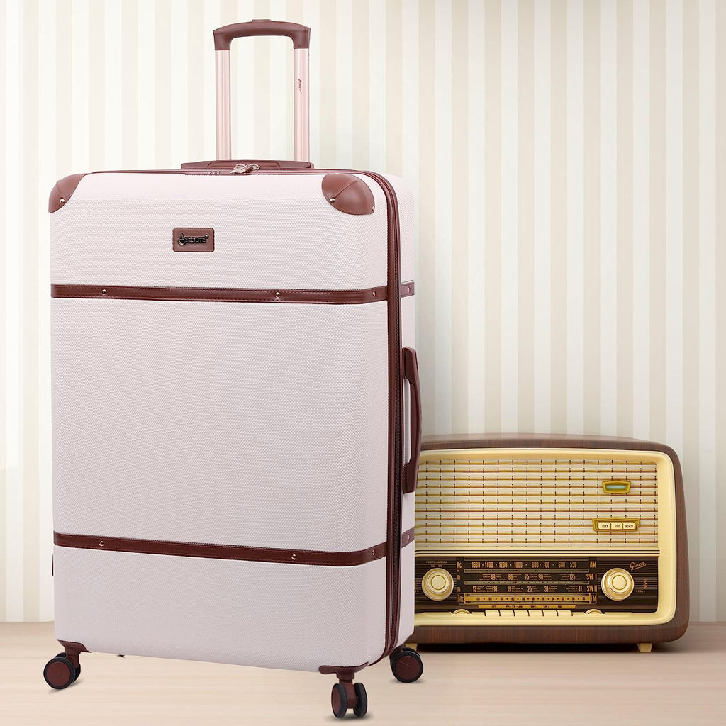 Aerolite Large Ultra Quiet 8 Wheel Stylish Classic Retro Vintage Style ABS Hard Shell Checked Check in Hold Luggage Suitcase with 4 Dual Hinomoto Wheels & TSA Lock, Cream - Packed Direct UK