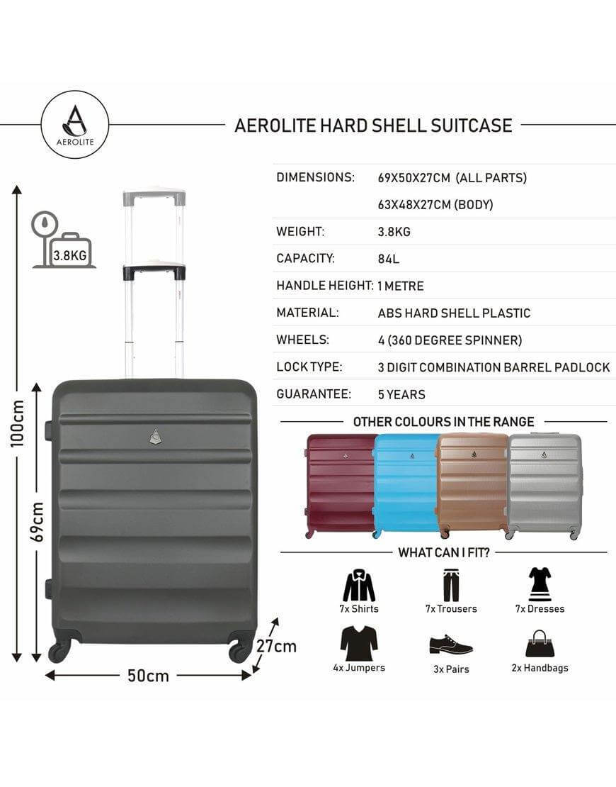Aerolite Hard Shell Luggage Set Cabin Medium Charcoal Packed Direct UK