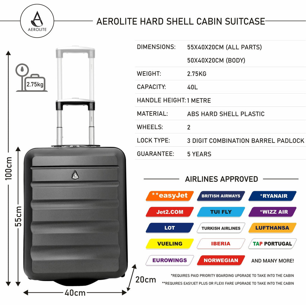 Aerolite Ryanair Maximum Size Set - 55x40x20 ABS 2 Wheel Cabin Suitcase + 40x20x25 Carry On Shoulder Flight Luggage Bag - Packed Direct UK