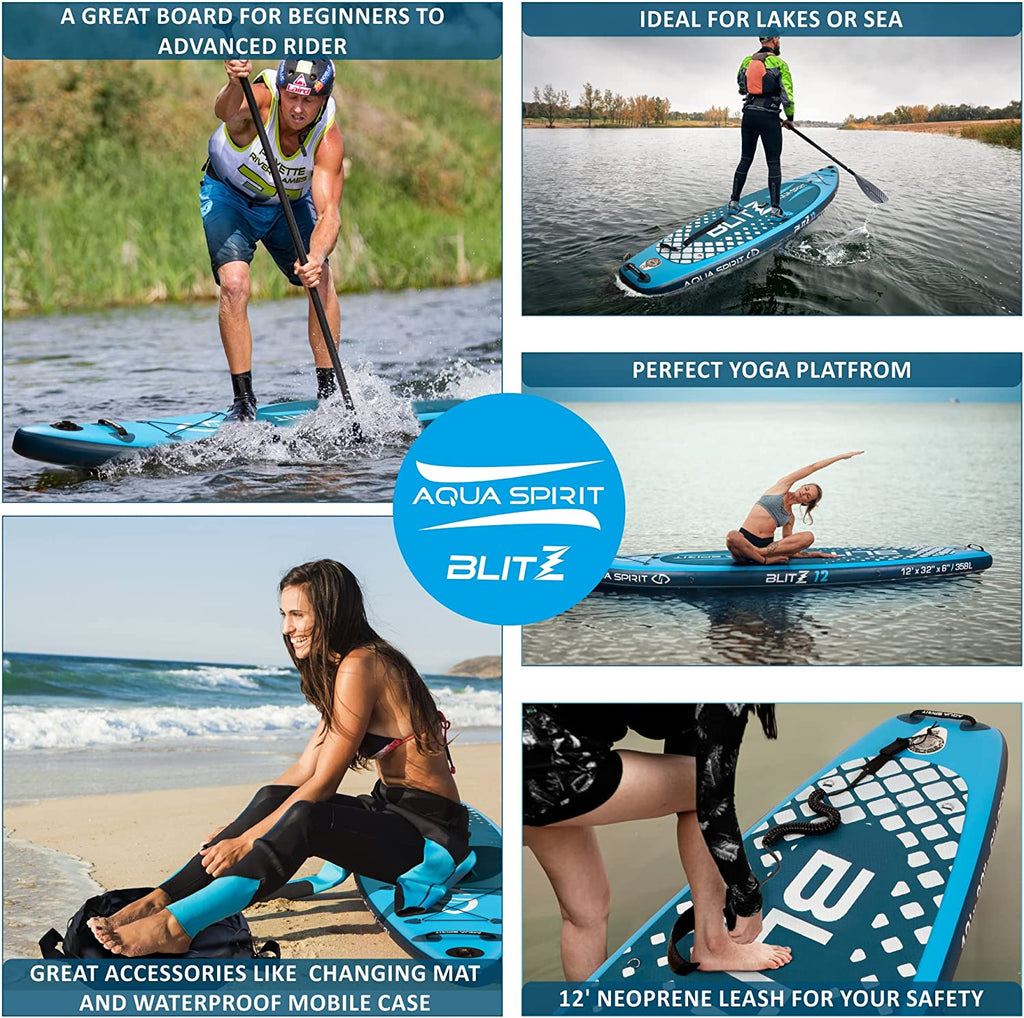 AQUA SPIRIT Blitz 10’8 & 12'6 PREMIUM iSUP Inflatable Stand up Paddle Board & Kayak with Top Accessories - Packed Direct UK