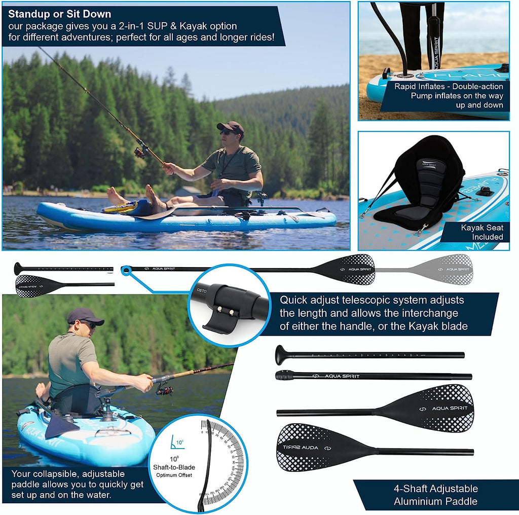 Aqua Spirit Flameback SUP Activity Inflatable Stand UP Paddle Board 2023 | 10'10”x39”x6” | Complete Kayak Conversion Kit with Fishing Rod Mounts, Paddle, Backpack, Pump and more accessories | Adult Beginners/Experts | 2 Year Warranty - Packed Direct UK