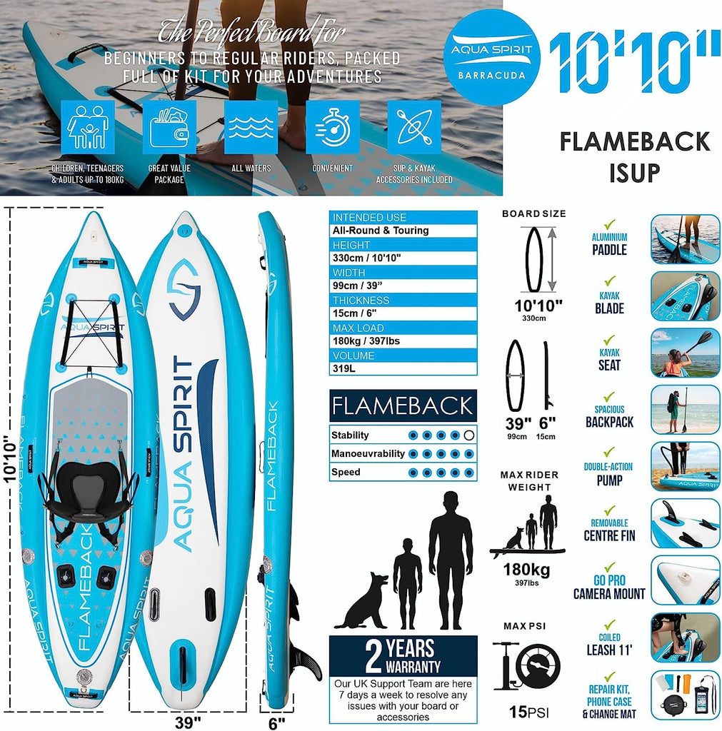 Aqua Spirit Flameback SUP Activity Inflatable Stand UP Paddle Board 20 –  Packed Direct UK