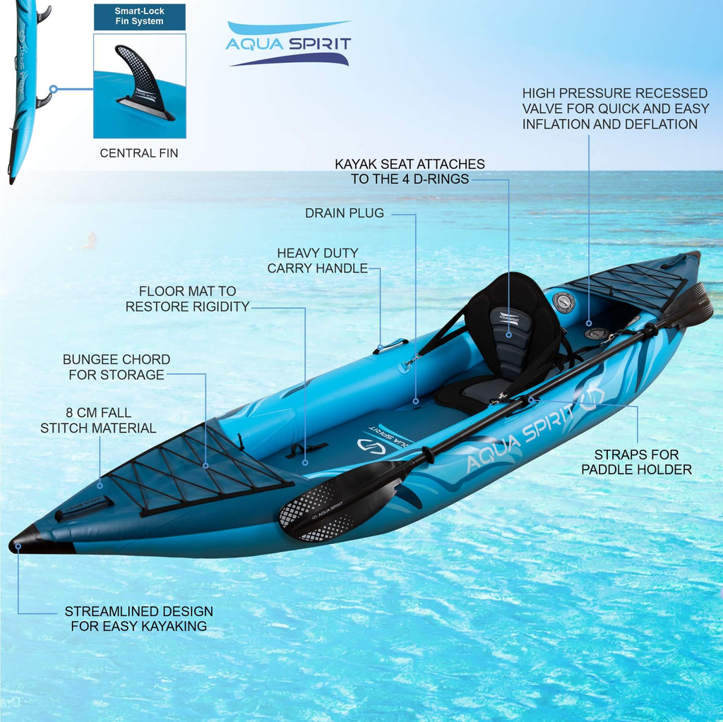 Aqua Spirit Inflatable Kayak Latest 2023 Model, 10'5”/13’5”/1 or 2 Person Complete Kayak Kit with Paddle, Backpack, Double-Action Pump and more accessories, For Adult Beginners/Experts - 2 Years Brand Warranty - Packed Direct UK